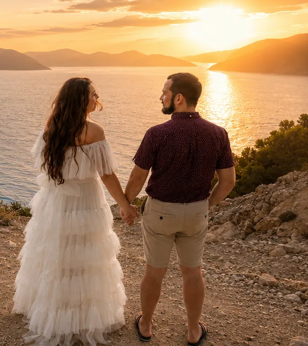 Alec and Verity on their wedding day, on a headland above a bay in Kefalonia