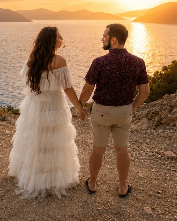 Alec and Verity looking out over a Kefalonia bay at sunset